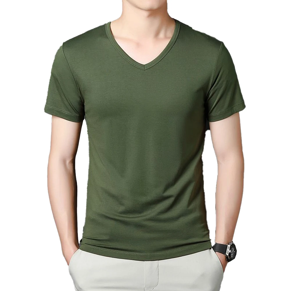 Top Mens Blouse V-Neck Workout Activewear Casual Undershirt Fitness Pullover Short Sleeve Slim Fit Solid Color