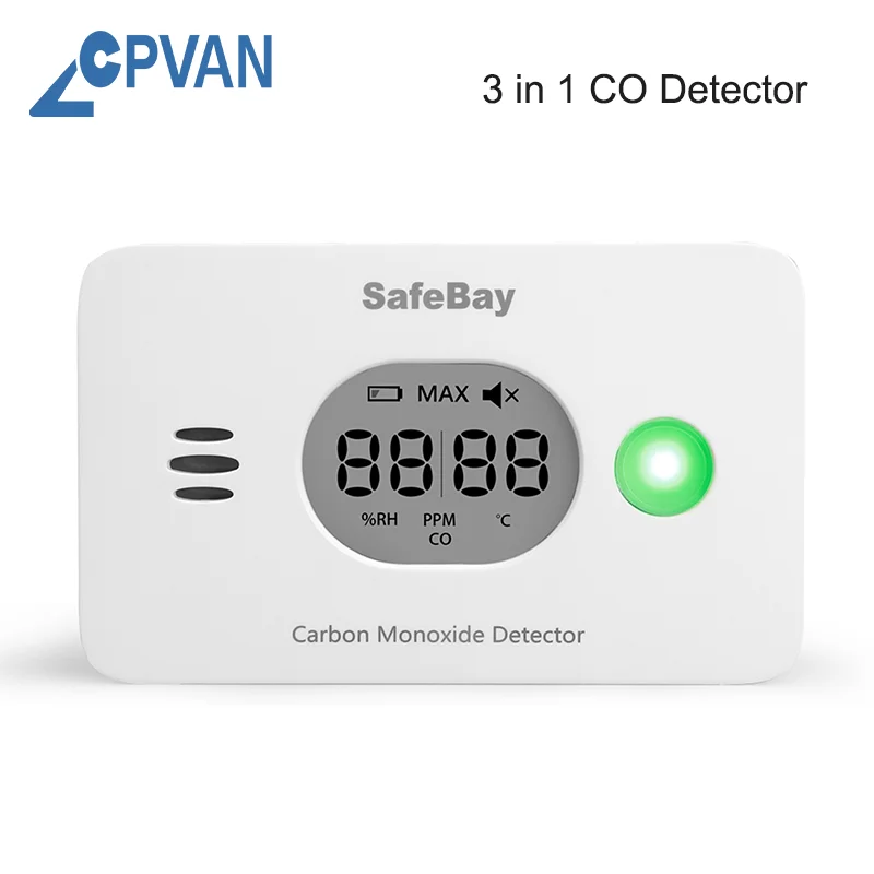 CPVAN Carbon Monoxide Detector 3 in 1, 10 Years Battery, CO Detector with Temperature and Humidity, European Standard EN50291