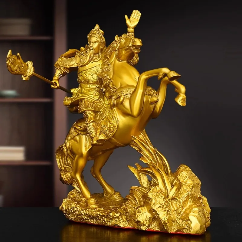Feng Shui Brass Guan Yu Statue, Horse Riding God of Wealth & Warrior Office Home Decor