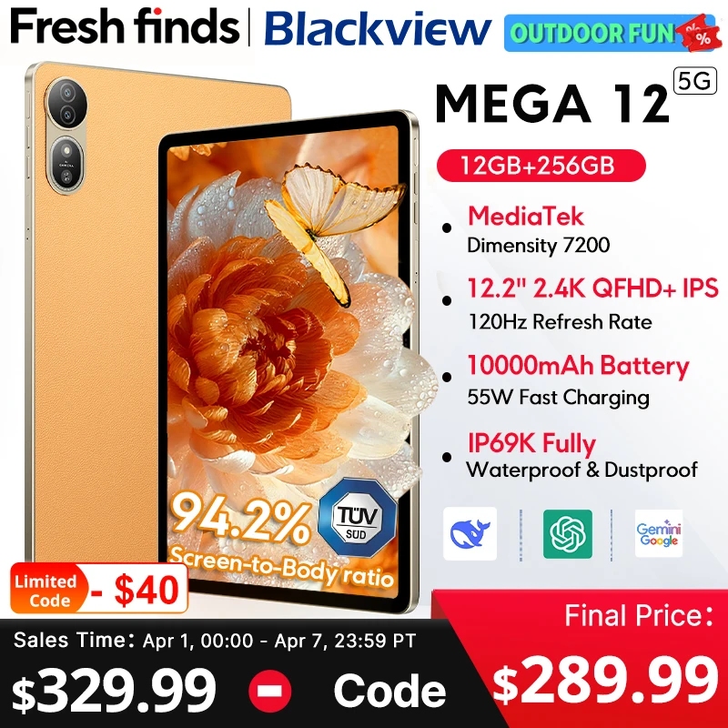 

Blackview MEGA 12 Планшет 5G 12,2 дюйма 2,4 К 120 Гц Размер дисплея 7200 Процессор IP69K Водонепроницаемая камера 50 МП 10000 мАч Pad ПК