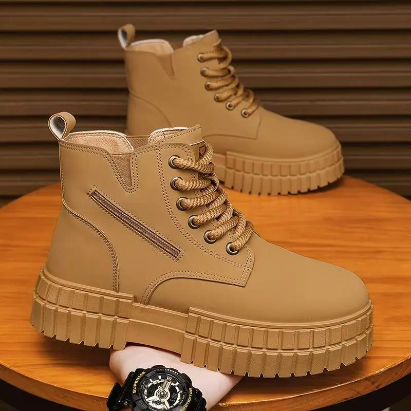 Men Spring Autumn New Flat Sole High Top Lace Up Work Boots Thick Sole Round Toe Waterproof Non Slip Casual Ankle Boots