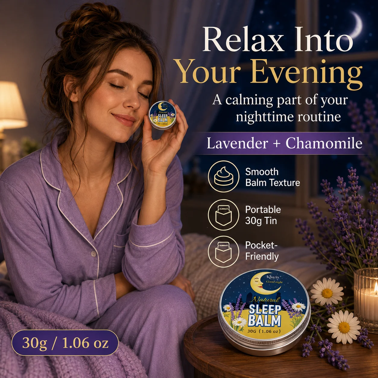 30g Sleep Balm Lavender Chamomile Nighttime Balm Calming Aroma Smooth Skin Friendly Pocket Size for Bedtime Routine Trave