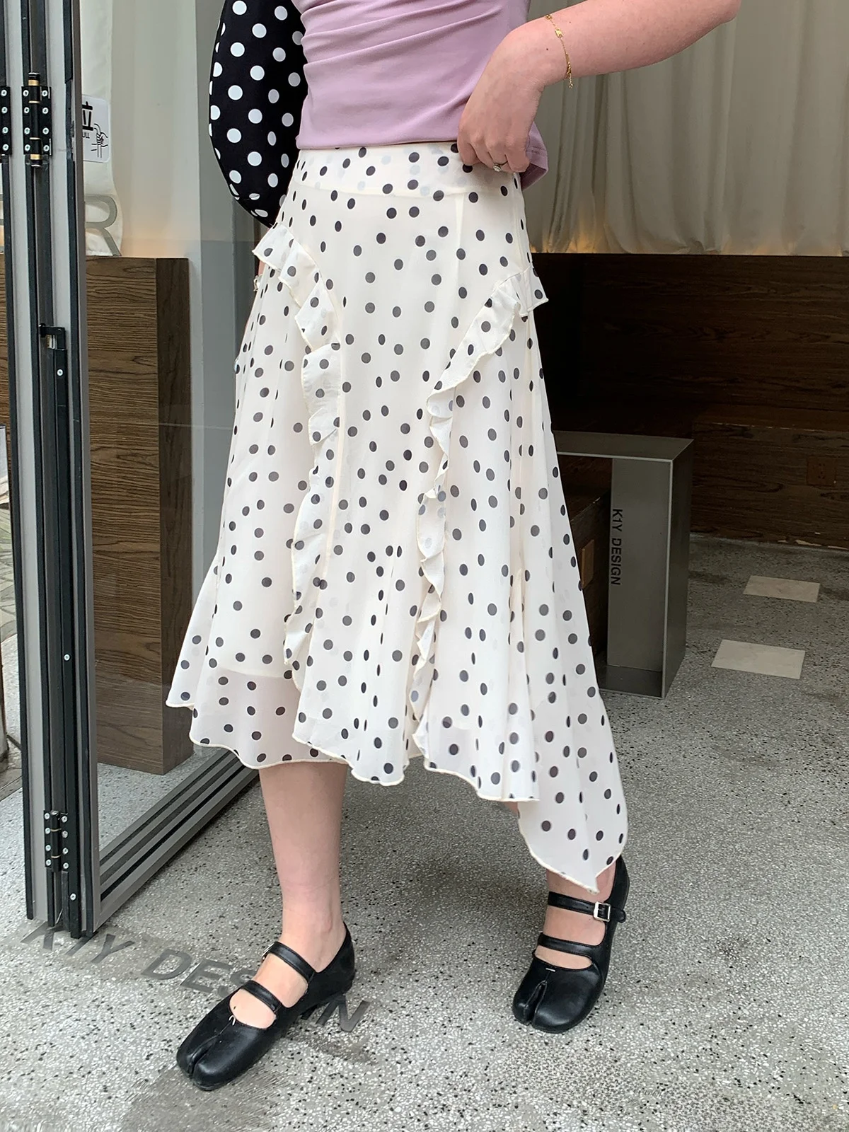 

MaLuuuuuu plus Size Polka Dot Asymmetrical Skirt Women's Sweet Style Bell Hemline Casual Loose Fit mid Waist Polyester Fiber