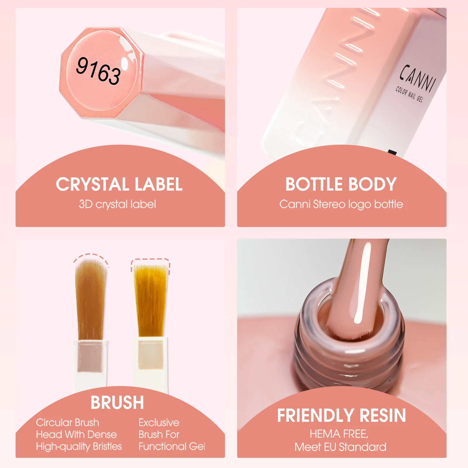CANNI No TPO HEMA FREE Gel-Nagellack, 9 ml, französisches, durchscheinendes Gelee, Konsistenz, Soak Off UV-LED, semi-permanenter Gel-Rundpinsel – Detail 5