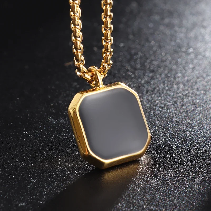 Fashion Men's Square Black Natural Stone Necklace Solid Stainless Steel Geometric Polygon Pendant Casual Punk Boys Gift Jewelry