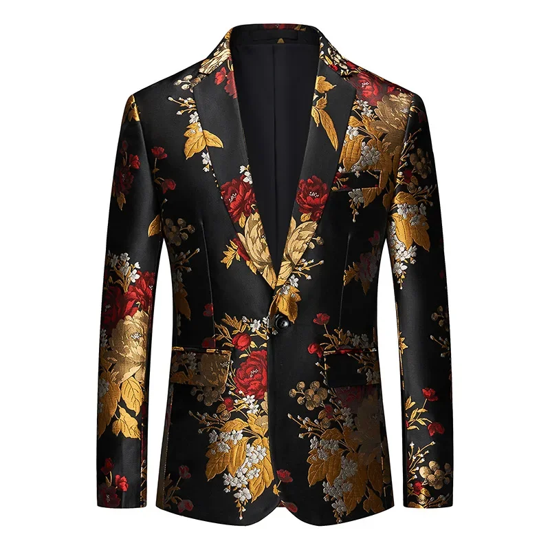 

Spring Fall Men Fashion Designer Dobby Floral One Button Blazer Coat , Korean Style Man Casual 5xl 6xl Jacquard Flower Blazers