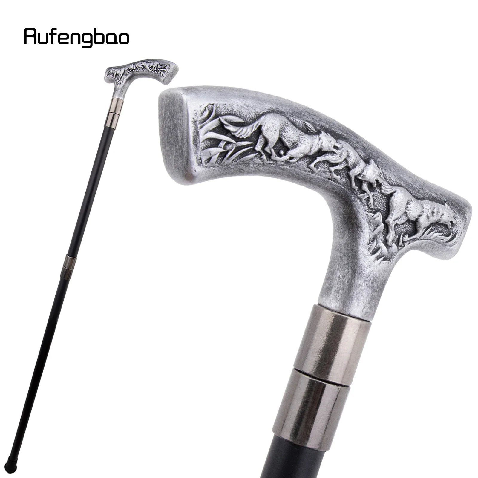 ไม้เท้าเรซิ่นสีเงินรูปหมาป่า ไม้เท้าเหล็กตกแต่งแฟชั่น สำหรับสุภาพบุรุษ สไตล์หรูหรา ใช้สำหรับคอสเพลย์ ด้ามจับแบบครอสเซอร์ ความยาว 94 ซม.