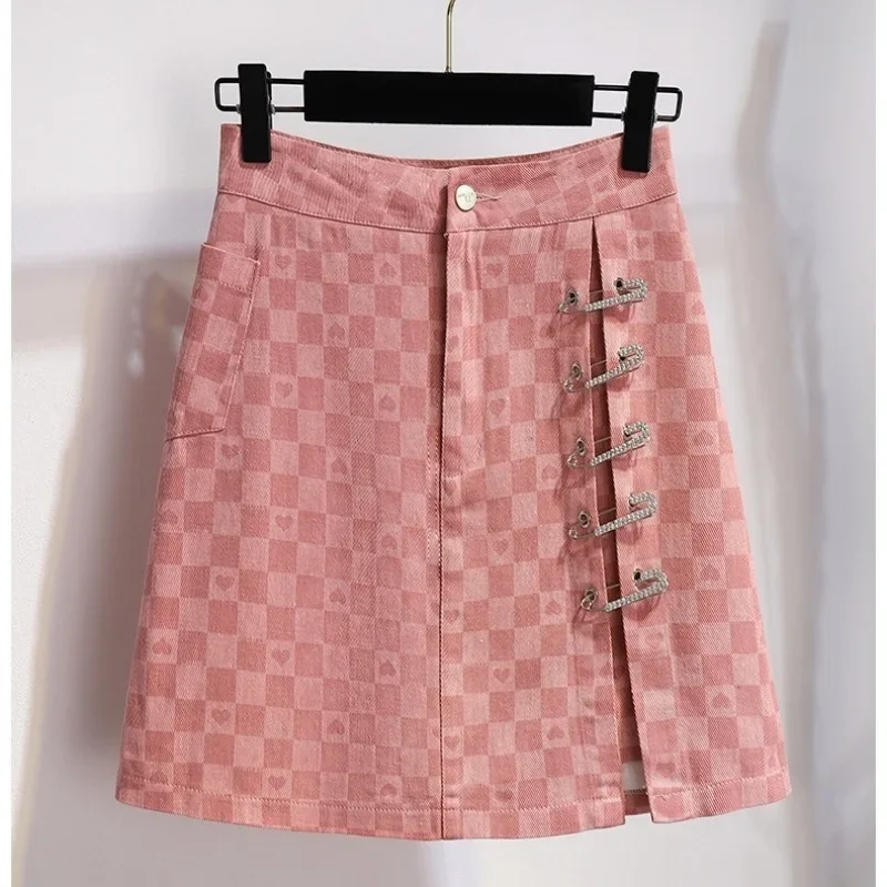 Large Sweet Cool Pink Suit Skirt for Female Summer 2024 New Cool and Cute Fried Street Checkerboard Skirt Two Piece Set