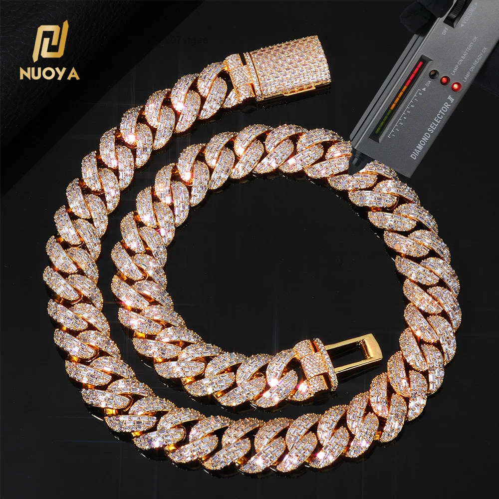 20mm NUOYA 925 Sterling Silver Moissanite Baguette Cut Cuban Link Chain Necklace Flip Lock Hip Hop Jewelry Pass Diamond Test.