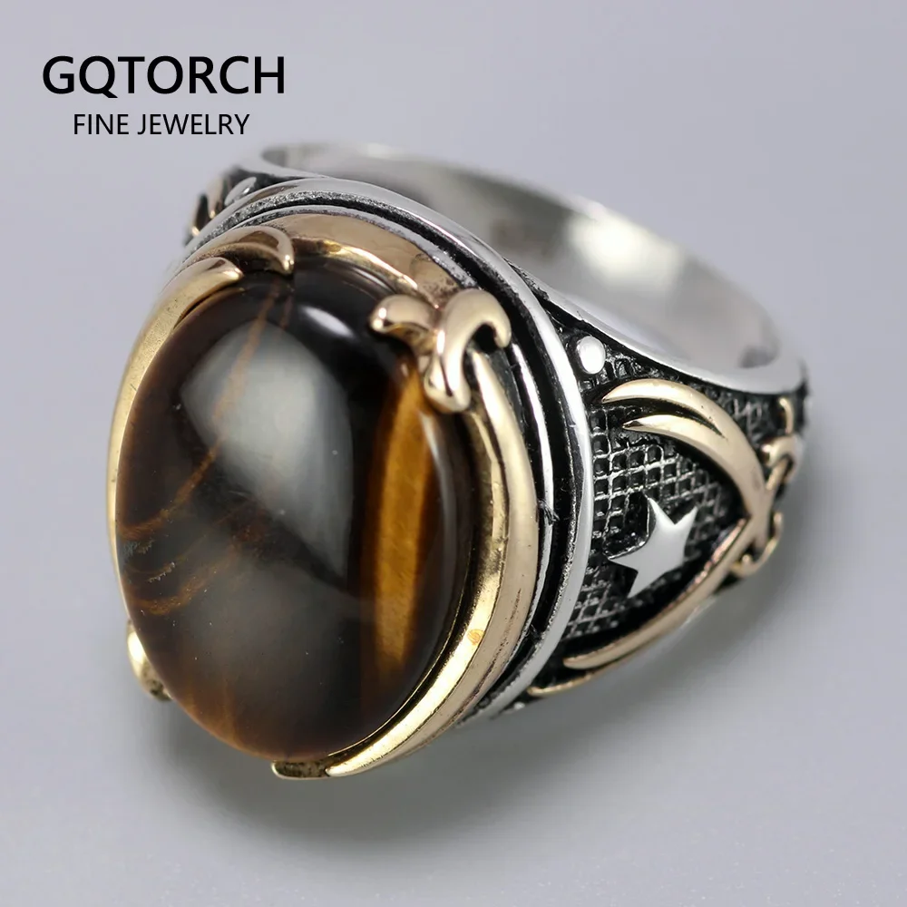 Oryginalne pierścionki ze srebra próby 925 Cool Vintage Pierścionki Natural Onyx Tiger Eye Duże tureckie pierścionki dla mężczyzn z kamieniami Biżuteria turecka