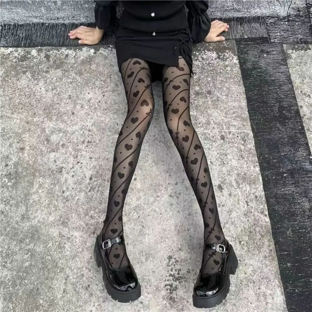 

Fashion Bowknot Heart Long Tights Transparent Ultra-thin Mesh Pantyhose Harajuku Lolita JK Stripe Dot Stockings Summer