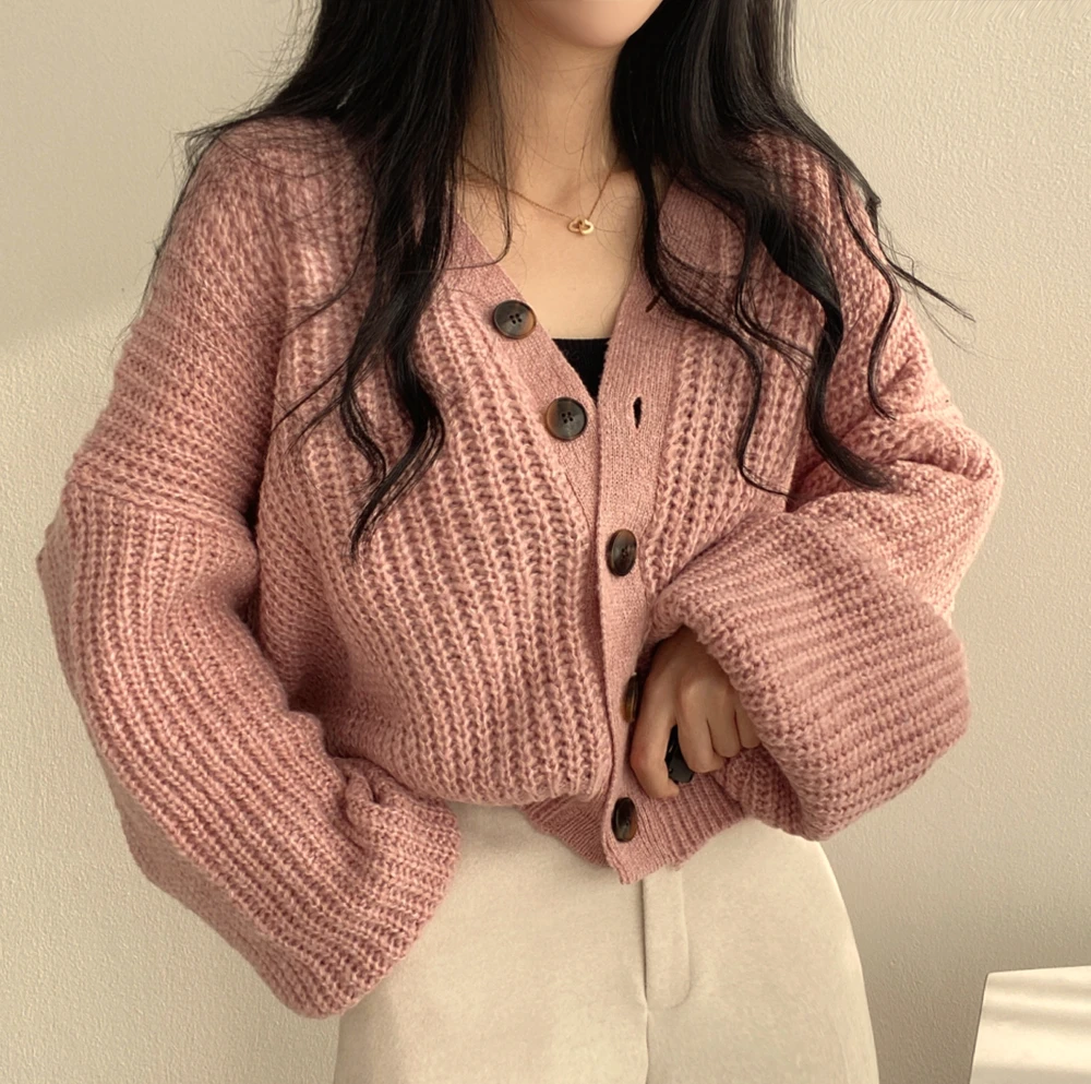 Autumn/Winter Solid Color V-neck Versatile Sweater Jacket Women\'s Loose Large Balloon Sleeve Thick Knitted Cardigan Cropped Top