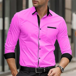 Men's formal shirt solid color splicing business casual printed shirt for spring and summer daily wear pocket comfortable shirt