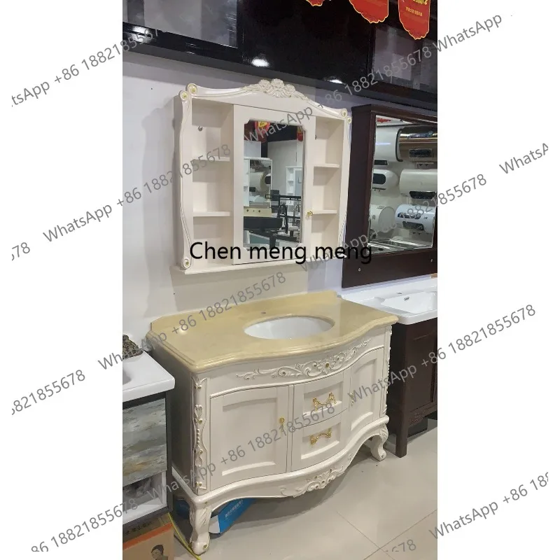 S178 Stock European bathroom cabinet oak floor-standing washbasin cabinet antique solid wood bathroom mirror cabinet