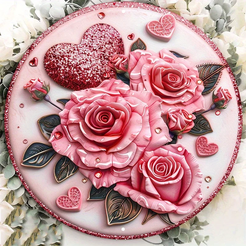 

Round Aluminum Rose and Heart Wall Decor Sign, HD Printed Metal Art with Glitter Accents for Door and Home Decoration