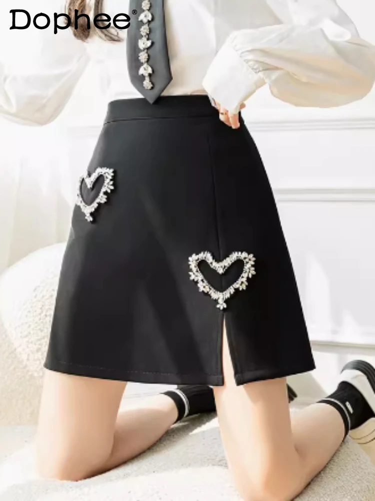 Heavy Industry Heart Shape Diamond A- Line Short Skirt Fashion Slimming Slit High Waist Black Skirt Women Autumn New Hip Skirts