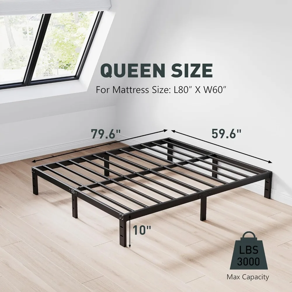 Low Profile Bed Frame, 10-Inch Heavy Duty Platform with Steel Slats, Easy Assembly, Noise-Free, Non-Slip, No Box Spring Needed