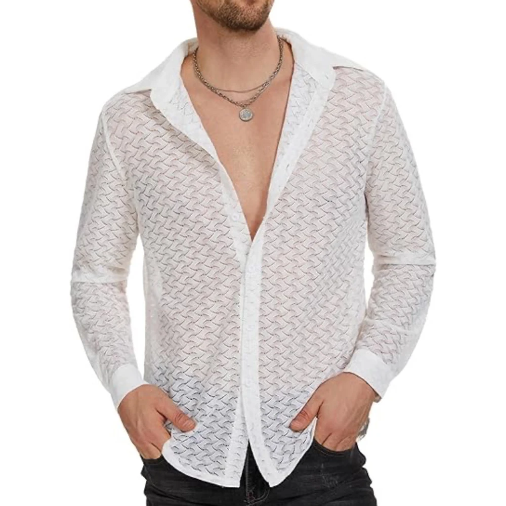 Men\'s Lace Perspective Shirt Fashion Solid Color Lapel Button Sexy Openwork Mesh Long Sleeve Shirt Holiday Casual Top