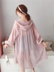 Long Clothing Plus Size 4XL 2024 Summer New Women Casual Hooded Blouse Solid Chiffon Button Blouse Shirt Sun Protection