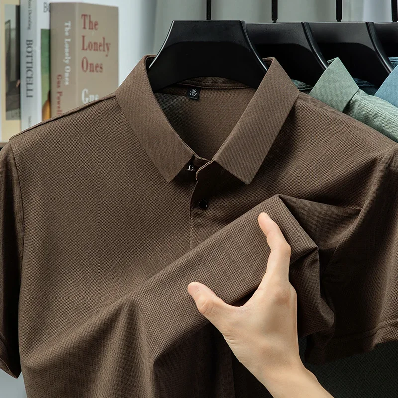 Mens Grid Textured Short Sleeve Polo Shirts Casual Business Tops Ice Feel Wrinkle Resistant Breathable Summer Wear