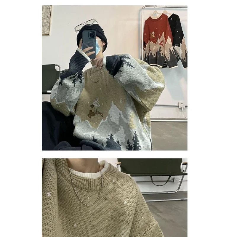 Pullover geometrico a maniche lunghe da uomo con girocollo filettato, colore a contrasto, top casual alla moda