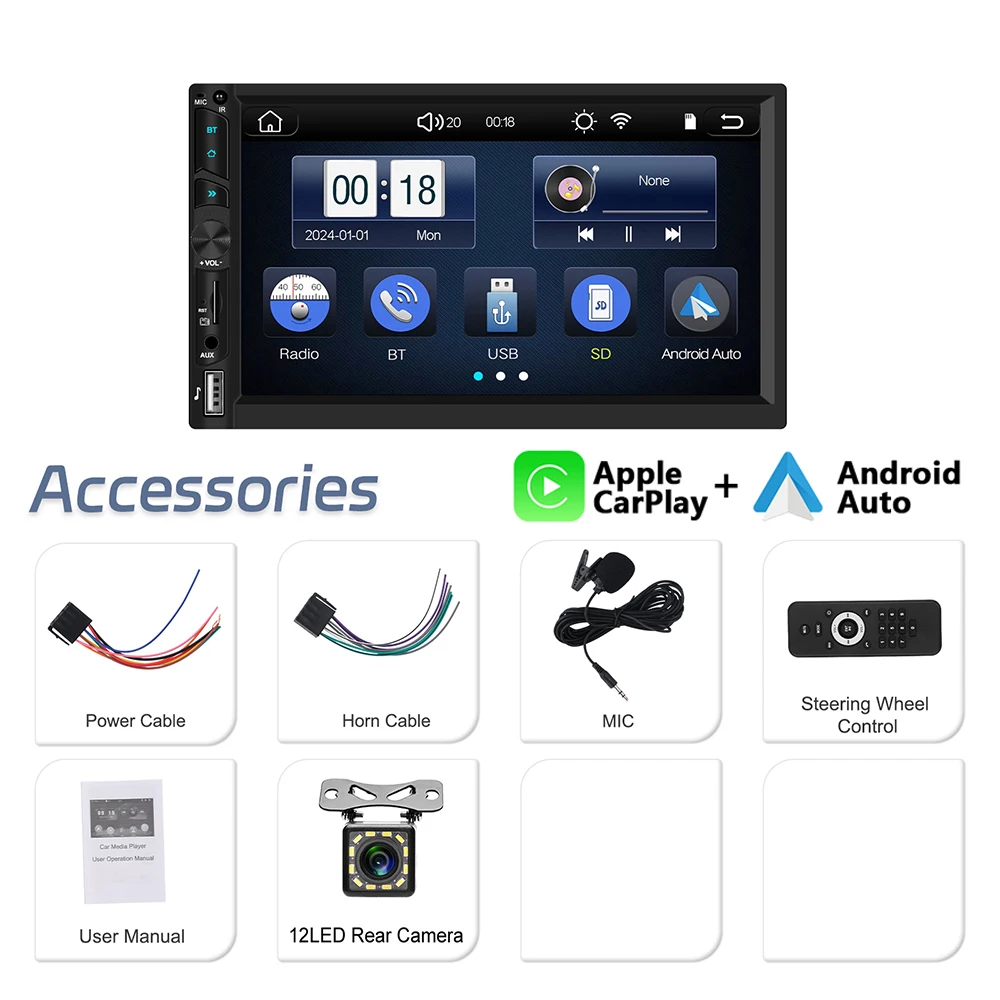 Podofo 7 "2din draadloze CarPlay MP5-speler Draadloze Android Auto Universele hoofdeenheid FM Stereo HD touchscreen multimediaspeler