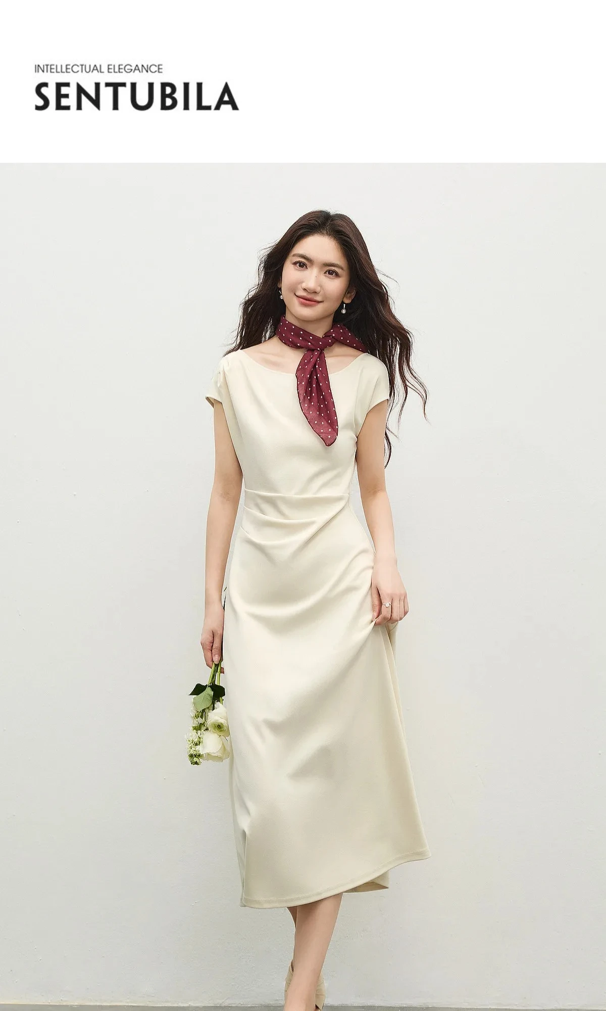SENTUBILA Schwarzes Minimalistisches A-Linien-Kleid mit Kurzen Ärmeln für Damen 2026 Sommer Elegantes Boot-Ausschnitt Gerafftes Kleid mit Schmaler Taille 162LI5946 – Detail 1