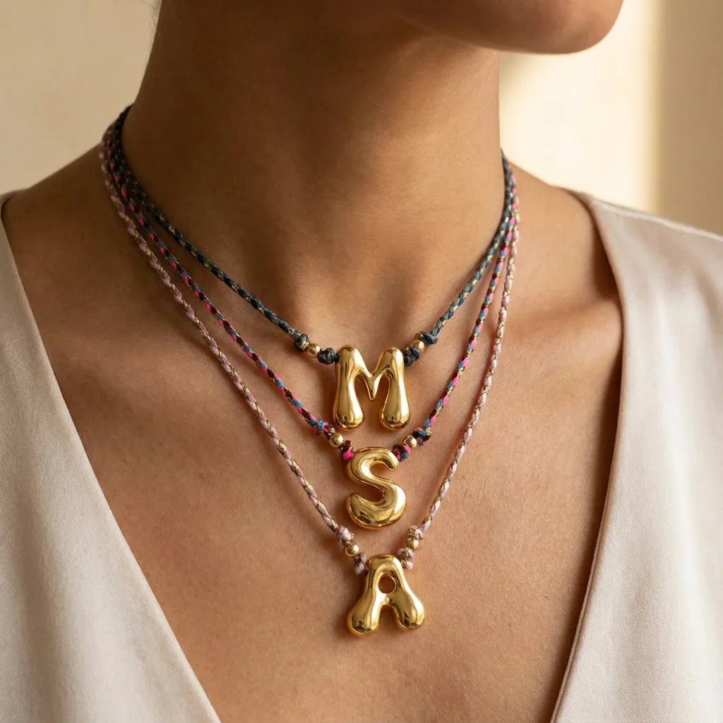 Personalized Initial Letter Necklace Colorful Braided Rope Gold Color Chunky Bubble Alphabet Pendant Adjustable Handmade Jewelry view 3