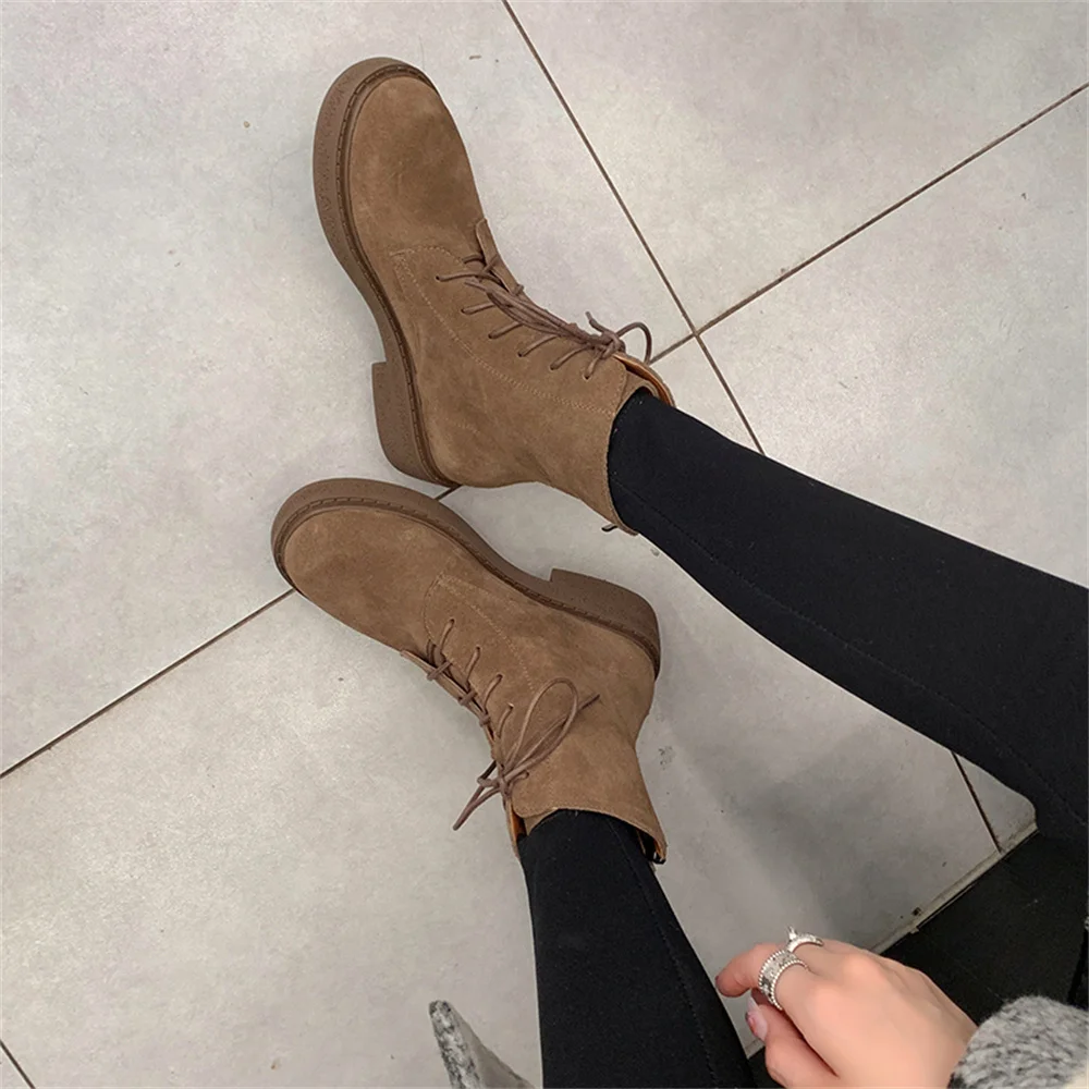 FEDONAS New Women Cow Suede Leather Ankle Boots Thick High Heels Motorcycle Boots Retro Round Toe Warm Autumn Winter Shoes Woman