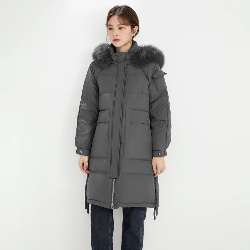 

Woman Winter Long Thicken Overcoat 90% Duck Down Real Fox Fur Hooded Jacket Soft Fabric Thick Warm Outwear New Snow Horn Parkas