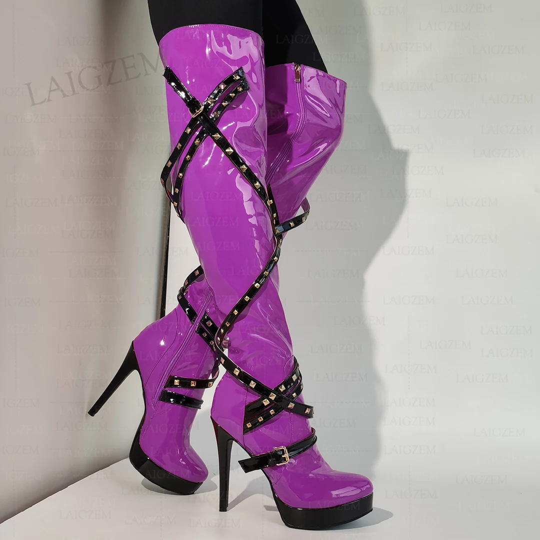 

LAIGZEM Women Knee High Boots Studded Platform Thin High Heels Tall Boots Full Zipper Shiny Shoes Woman Plus Size 38 41 44 46 52