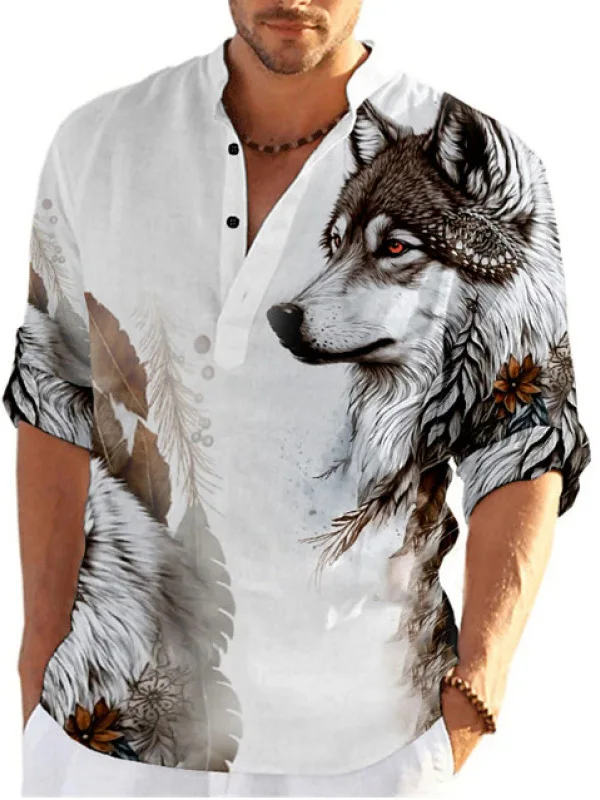 

Printed Stand Collar f Buttoned Long Sve irt Youth Faion Breathable Loose Fit Summer irt for Men European Sle