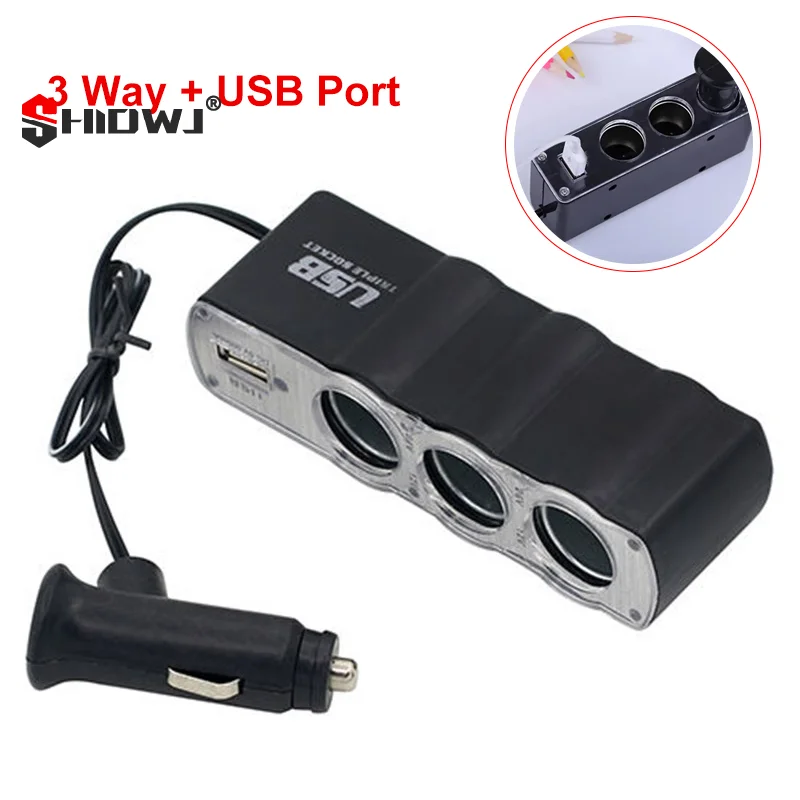 Universal Car Cigarette Lighter Splitter Multi Socket 3 Way + USB Port Charger Socket Adapter DC 12V