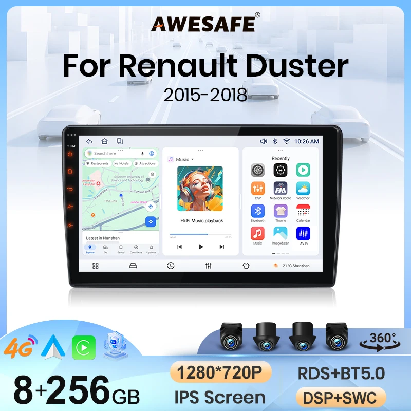 Autoradio sans fil AWESAFE CarPlay Android Auto pour Renault Dacia Duster 2015-2020 2 DIN Stéréo multimédia avec ventilateur de refroidissement intégré Systèmes intelligents Écran tactile Lecteur vidéo Unité principale Autoradio Navigation Bluetooth GPS SWC 4G WIFI RDS FM DSP