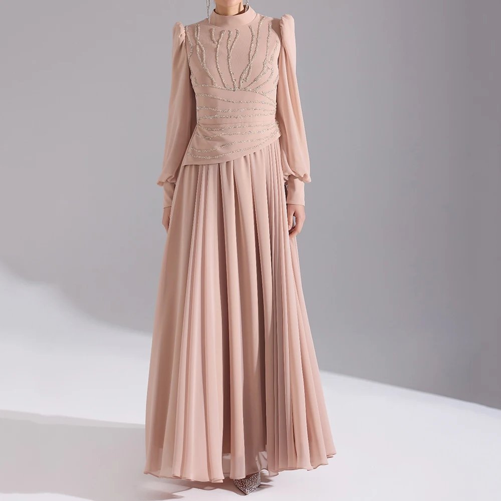 

Customized A-line Evening Dresses Ankle-length High-neck Full Sleeve Prom Gown Fashion Sequined Simple Draped Party Gown