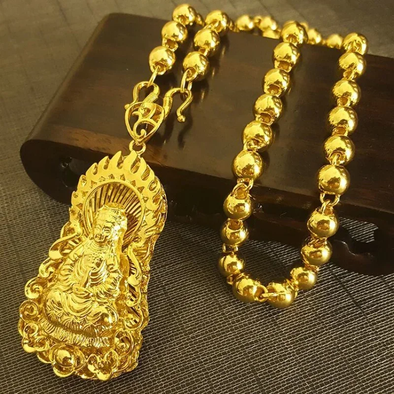 Gold Dragon brand round beads 9999 necklace Guanyin pendant  chain Baoan safe domineering fashion jewelry for men and women