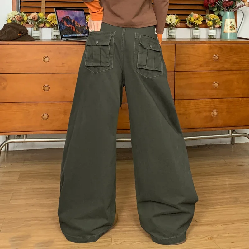 ANJY Spring Autumn New Women Safari Style Multi-pocket Design Loose Solid Color Vintage Curved Casual Stylish Cargo Pants A25836