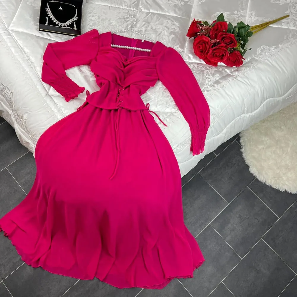 MOBEYE 2024 New Design Lapel Ball Gown Saudi Arabia Women's Chiffon A Line Long Sleeve Fuchsia Evening Gown Formal Party Dress