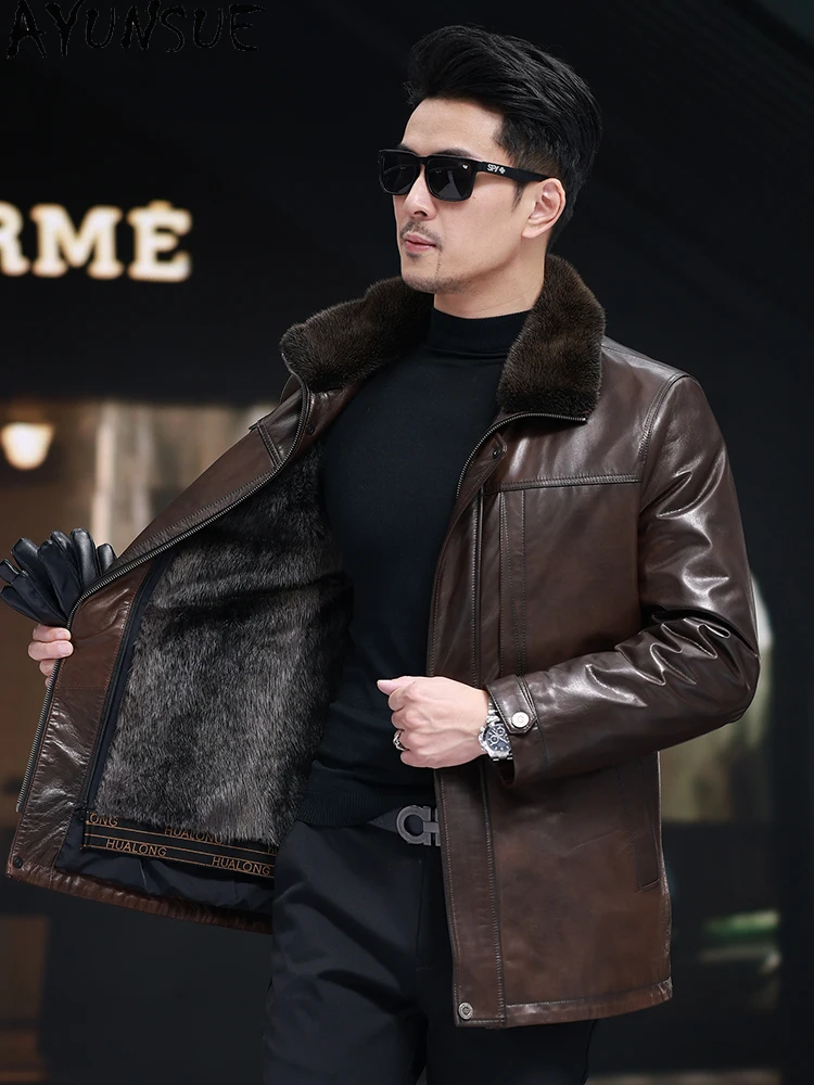 AYUNSUE Quality Genuine Goatskin Leather Jacket Men Winter Luxury Detachable Mink Fur Liner and Collar Real Fur Coat Mid-long