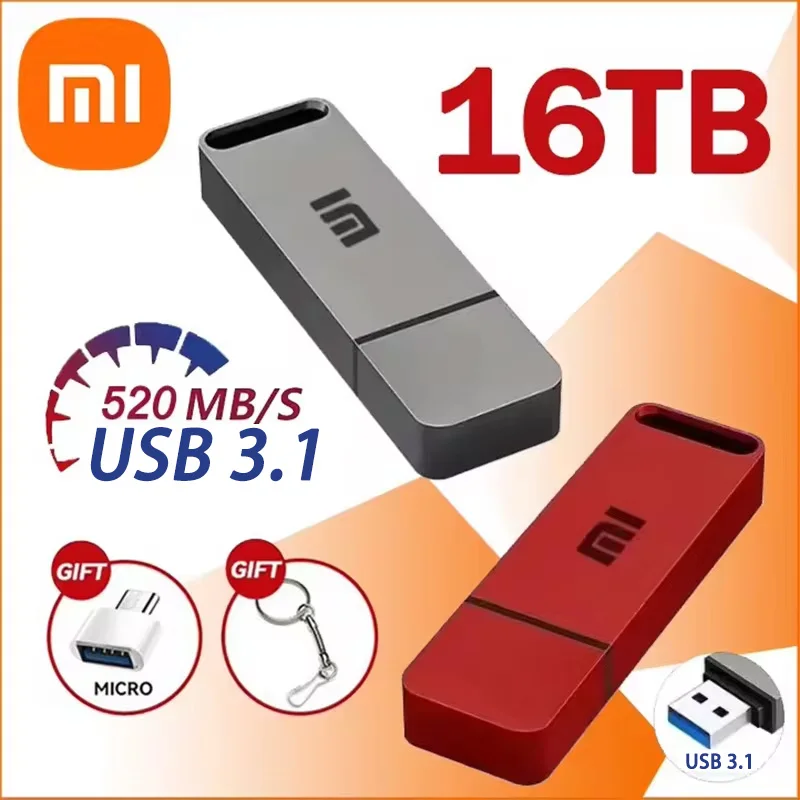 샤오미 OTG USB 3.1 금속 펜 드라이브 키, C타입 고속 휴대용 펜 드라이브, 플래시 드라이브 메모리 스틱, 방수, 16TB, 8TB, 2TB, 4TB