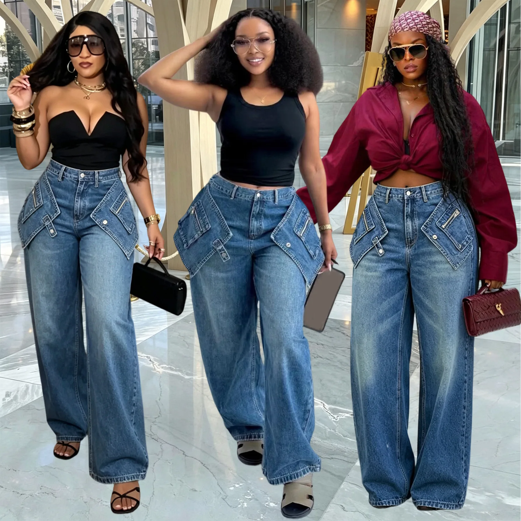 High Street Double-pocket Cargo Wide-leg Jeans for Women High-waisted Straight Pants