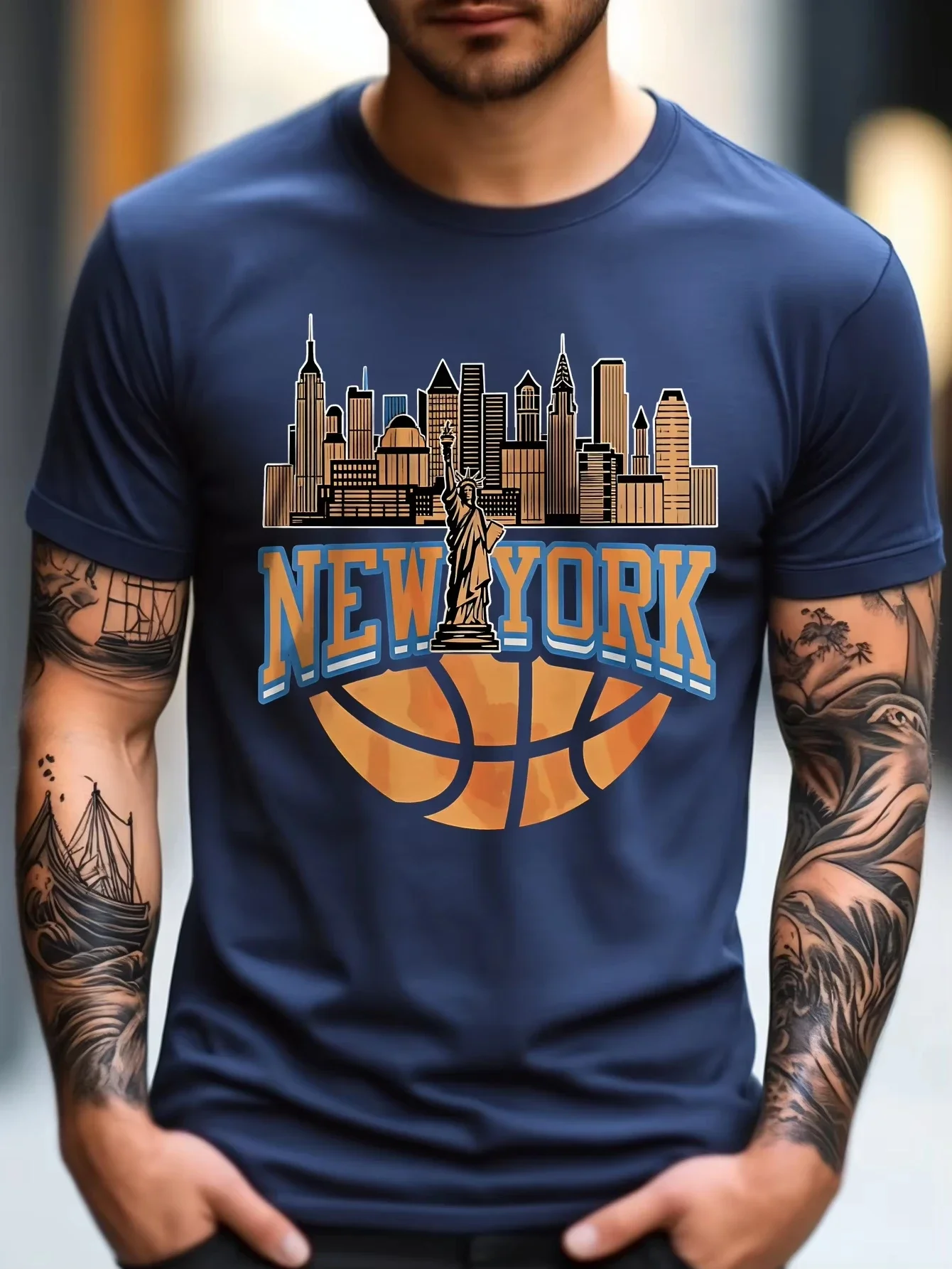 Mens New York City Skyline Statue Of Liberty Basketball Graphic T Shirt Urban Street Style Casual Crew Neck Short Sleeve Tee