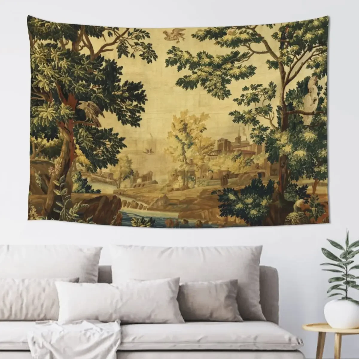 

Wood Landscape with Birds,Trees and River, Antique Flemish Tapestry Decorative Wall Mural Room Aesthetic Tapestry