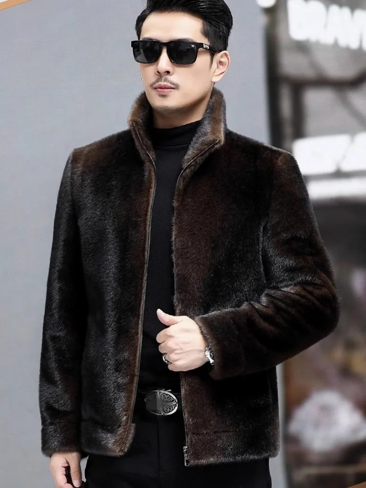 Luxury Mens Faux Fur Coat Winter Fashion Stand Collar Long Sleeve Business Casual Double-Sided Jacket Male Outerwear Short Coats