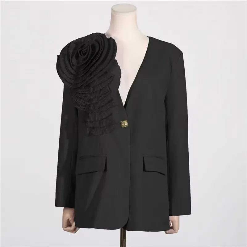 Fashion Elegant V-neck Three-Dimensional Flower Stitching Suit Jacket Female Blazer Coat 2024 Spring Summer New Women Clothes