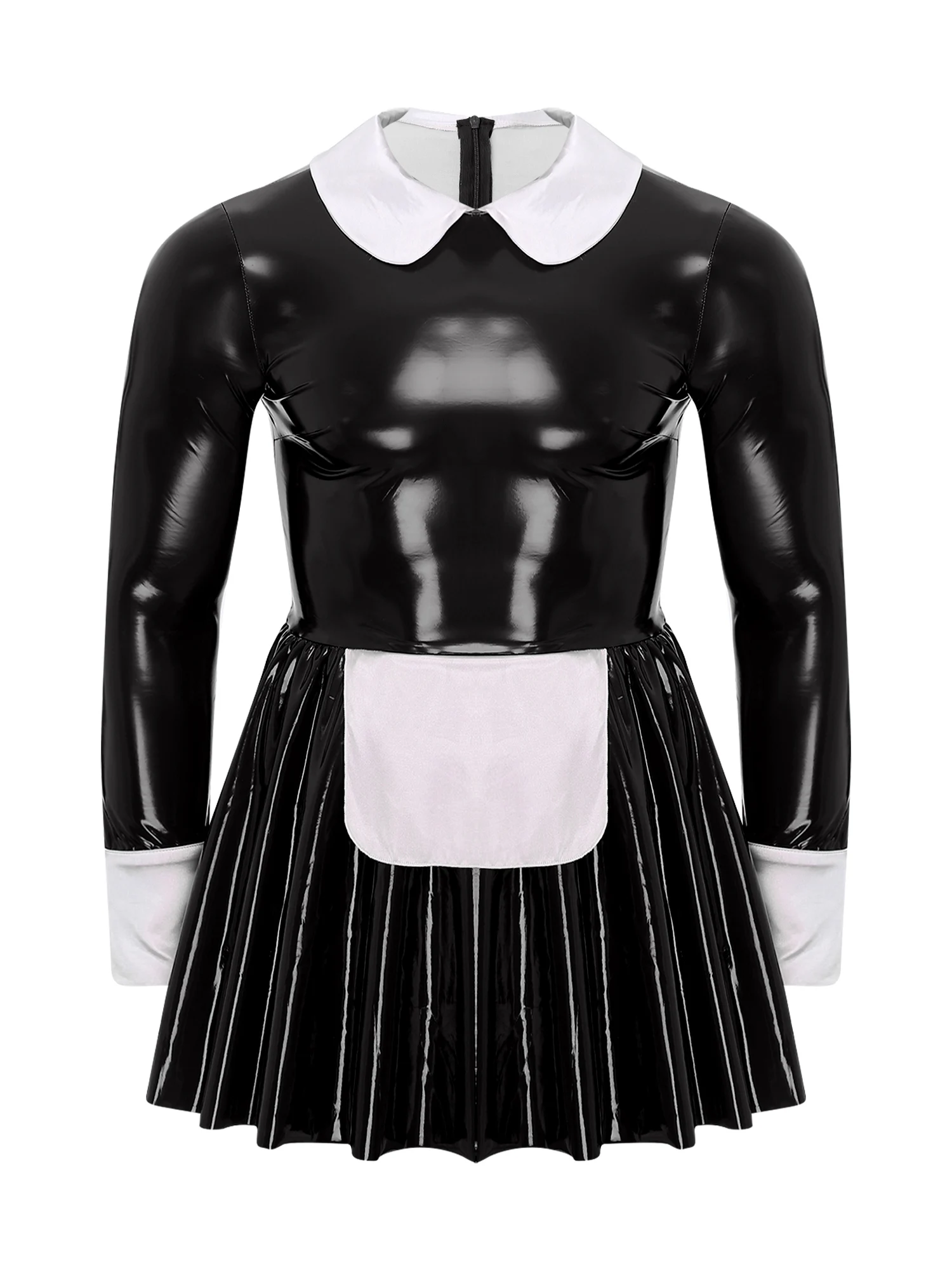 Mens Male Sissy Maid Dress Sexy Cosplay Costume Clubwear Puff Sleeve Wetlook Latex Maid Servant Uniform Flared Dress with Apron