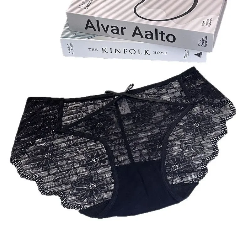 SP & CITY-ropa interior Sexy con lazo de encaje y bordado de flores para mujer, bragas caladas de malla de cintura baja, bragas transpirables con entrepierna de algodón suave