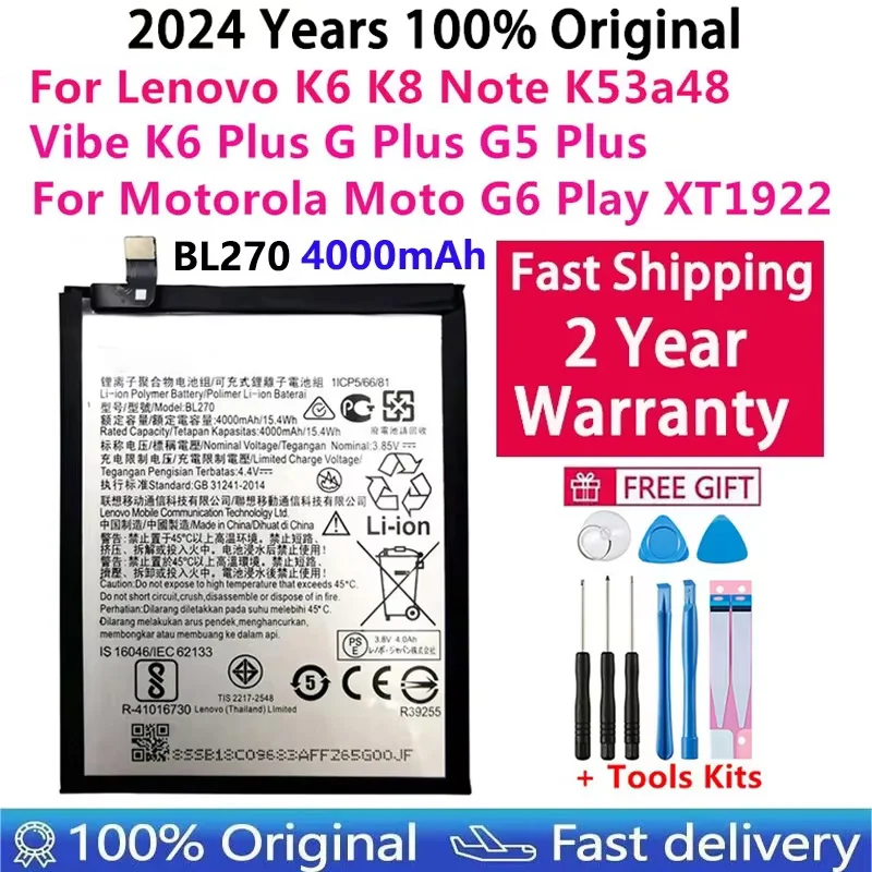 

100% Original For Lenovo K6 K8 Note K53a48 Vibe K6 G G5 Plus 4000mAh BL270 Battery For Motorola Moto G6 Play XT1922 Bateria