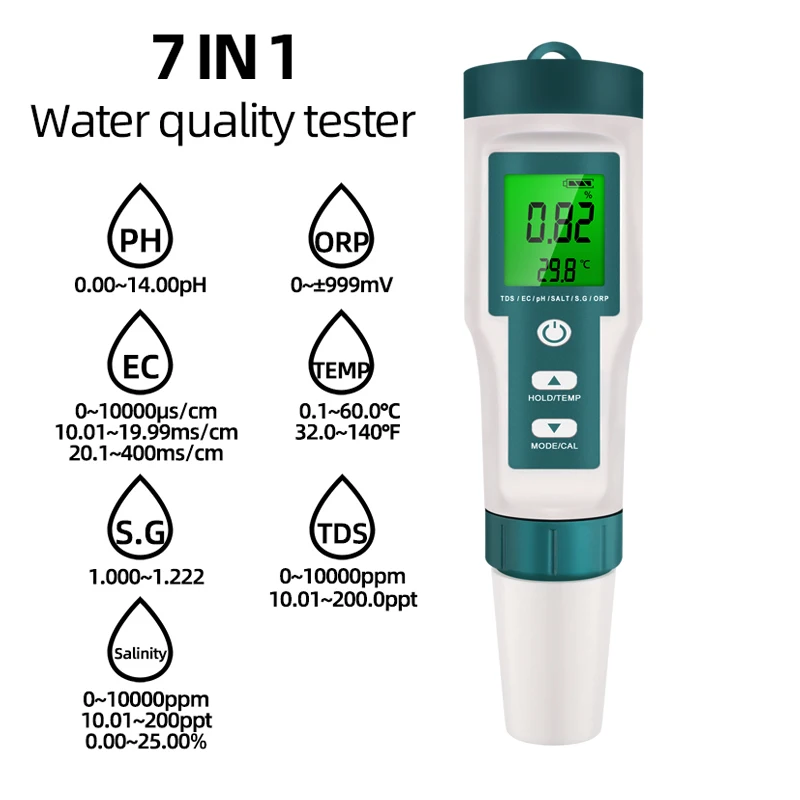 

7 In 1 PH Meter ORP Chlorine Meters TDS Salinity Testers EC Temp Detector Water Quality Monitor Test Tool Filter for Pool