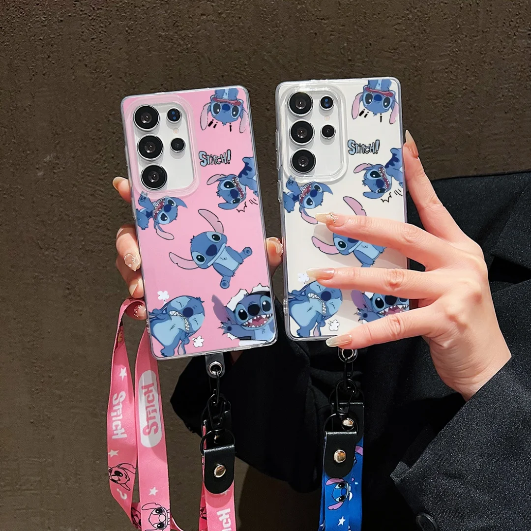 

Cute Stitch Sweet Love Phone Case for Samsung Galaxy S25 Ultra S24 S23 FE S22 S21 Plus Cartoon IMD anti-fall Cover With Lanyard